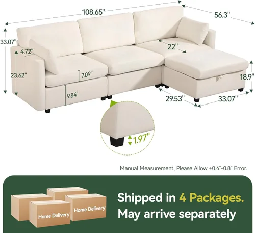 Vista 2 de Sofá modular de 109 pulgadas, sofá en forma de L con otomana de almacenamiento, cómodo sofá nube con asiento profundo, sofás seccionales Beige
