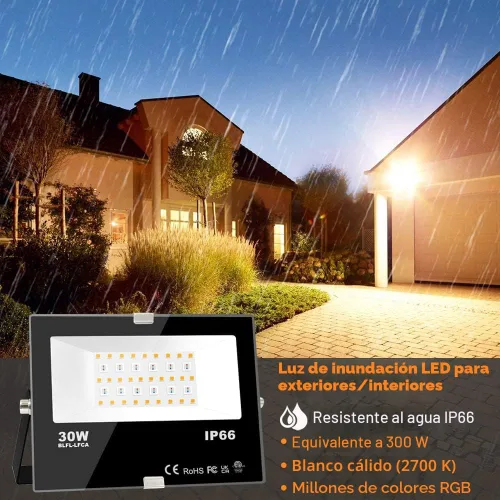 Vista 2 de Luz de inundación LED para exteriores de 30 W, equivalente a 3000 W, 3000 W, iluminación inteligente RGB de paisaje con control de aplicación