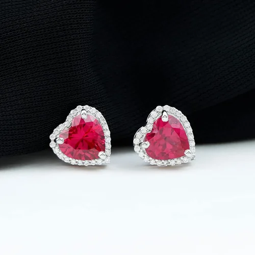 Vista 2 de 3.5 CT Lab Created Ruby and Moissanite Earrings, Created Ruby Stud Earrings with Moissanite Halo, Created Ruby Heart Stud Earrings, 14K Solid Gold