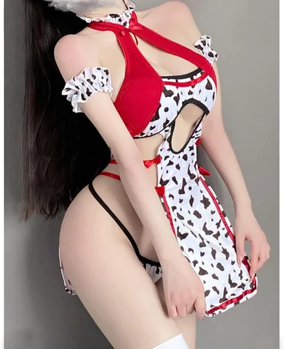 Vista 3 de SNOMYRS Bikini de vaca Cosplay Lencería Traje de criada Kawaii Estampado de vaca Cheongsam con medias
