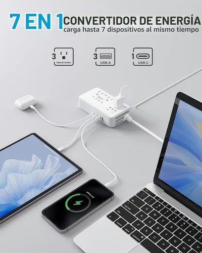 Vista 3 de Convertidor de voltaje de 220 V a 110 V de EE. UU. a Europa, convertidor de voltaje de 2000 W para viajes europeos con 3 puertos AC 2 USB-C 2 USB-A