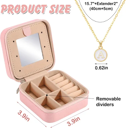 Vista 4 de URSKYTOUS Joyero de viaje con inicial, pequeño organizador de joyas, color rosa, portátil, personalizado, para adolescentes, niñas, mujeres, regalo