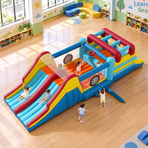 Vista 13 de Albott Inflatable Bounce House Obstacle Course with Blower, for Kids 3-10 Azul océano y verde