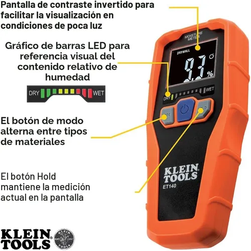Vista 3 de Klein Tools Medidor de humedad ET140 sin pines para detección de humedad no destructiva en paneles de yeso, madera y mampostería; detecta hasta 3/4
