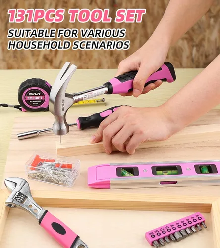 Vista 7 de Juego de herramientas rosadas, 131 piezas, color rosa, para mujeres, kit de herramientas manuales para el hogar con caja de herramientas de plástico