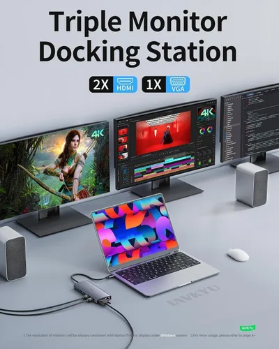 Vista 8 de Estación de acoplamiento USB C para laptop, estación de acoplamiento de monitor doble, estación de acoplamiento 13 en 1, 3 monitores con 2HDMI, VGA