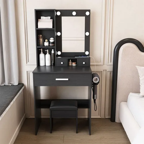 Vista 6 de Pequeño juego de tocador de maquillaje con espejo, tocador de maquillaje compacto con luces LED ajustables y toma de corriente, para dormitorios