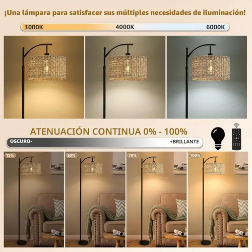 Vista 3 de Lámpara de pie de arco para sala de estar con control remoto, lámparas de pie bohemias de granja con 3 temperaturas de color, lámpara de pie rústica
