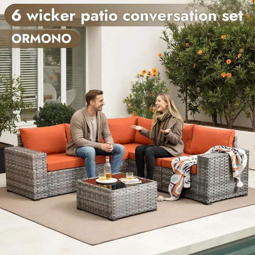 Vista 3 de Juego de muebles de patio de 6 piezas, sofá modular de mimbre para exteriores con mesa auxiliar, cómodos cojines, moderno sofá modular de ratán