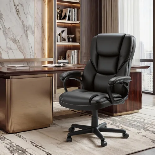 Vista 7 de Shahoo Silla de oficina ergonómica ajustable ejecutiva con reposabrazos abatibles, silla giratoria de piel sintética para computadora en casa Negro