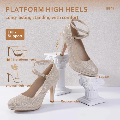 Vista 5 de IDIFU - Tacones altos de plataforma Tracy para mujeres, zapatos de punta cerrada, zapatos con tiras cruzadas al tobillo para el trabajo, uso