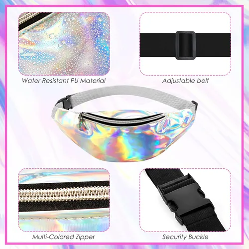 Vista 3 de Riñonera holográfica de 12 piezas para mujeres y niños cintura deportiva de color metálico cintura brillante con cinturones ajustables