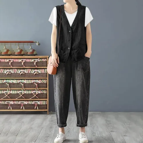 Vista 8 de COTECRAM Chaleco de lino de algodón para mujer, casual, sin mangas, con botones, ligero, para verano, holgado, ropa de abrigo
