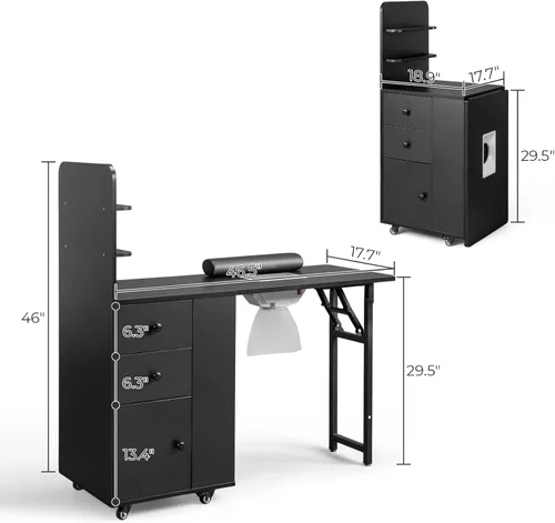 Vista 2 de Mesa de manicura plegable – Estación de escritorio plegable para uñas con ventilación eléctrica descendente, ruedas bloqueables, reposabrazos