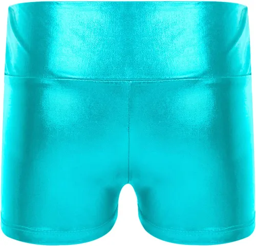 Vista 2 de Pantalones cortos de gimnasia de entrenamiento metálico brillante para niñas y niñas, pantalones cortos de gimnasia de cintura alta