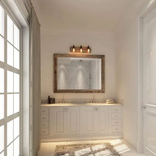 Vista 4 de LOG BARN Luces de tocador, accesorios de baño en madera rústica y acabado de metal aceitado, apliques de pared de granja con enchufes ajustables