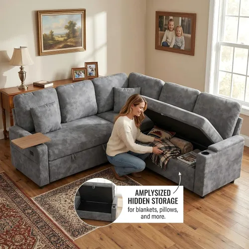 Vista 7 de Sofá modular de 81 pulgadas, sofá cama de 5 plazas en forma de L con cama extraíble, almacenamiento oculto, portavasos y puertos de carga USB, sofás