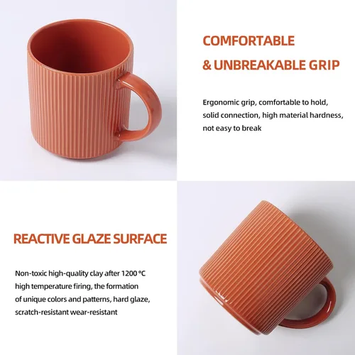 Vista 6 de MONITO - Juego de 4 tazas de café de 16 onzas, juego de tazas de café rústicas de cerámica con asa Vintage Striped Stoneware Large Coffee Mugs for