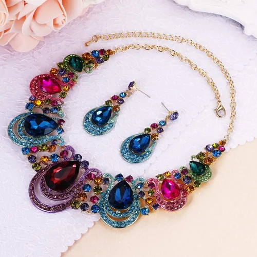 Vista 3 de Women's Costume Statement Necklace Dangle Earrings Set 05-Multicolor Tono Dorado