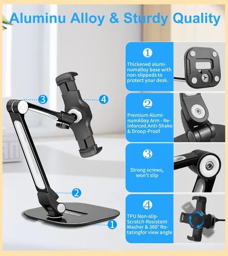 Vista 3 de Soporte ajustable para tablet de escritorio, soporte giratorio de 360° para iPad Air mini Pro de 4.7 a 12 pulgadas, iPhone, Samsung POS, Kindle