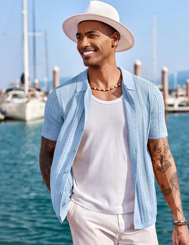Vista 4 de COOFANDY Camisas de punto de manga corta con botones para hombre, camisas de playa de verano