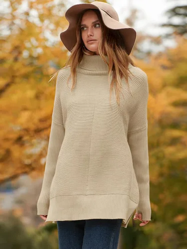 Vista 3 de ANRABESS Suéter tipo túnica de punto con cuello alto para mujer, manga larga de murciélago, dobladillo dividido, ropa de moda 2024