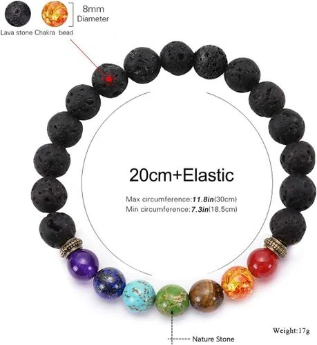 Vista 4 de CASDAN - Pulsera de piedra de lava de 0.315 pulgadas (0.315 in) para mujeres y hombres, 7 chakras, aromaterapia, difusor de aceites esenciales