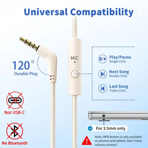 Vista 5 de Botesty Sound Auriculares con cable con micrófono, plegables sobre la oreja de 0.138 in con cable con cable de nailon sin enredos de 4.9 pies