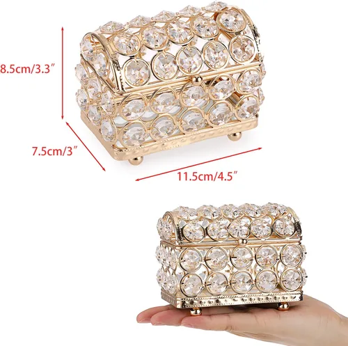 Vista 2 de ELLDOO Joyero de cristal, caja organizadora de aretes, anillos, decoración del hogar, caja decorativa con tapa, regalo dorado para San Valentín