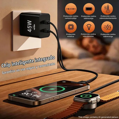 Vista 3 de Cargador dual tipo C de 45 W de carga rápida para Samsung, PD 3.0 GaN bloque de cargador de teléfono Android súper rápido con cable USB C largo