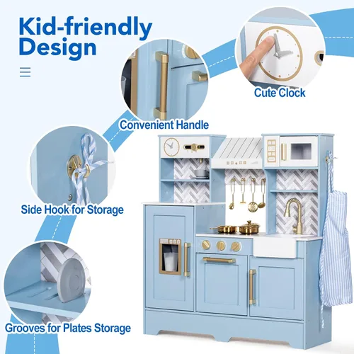 Vista 3 de BRINJOY Cocina de Juguete para Niños, Juego de Cocina de Madera para Niños con Cafetera, Horno, Estufa, Fregadero, Delantal, Máquina de Hielo