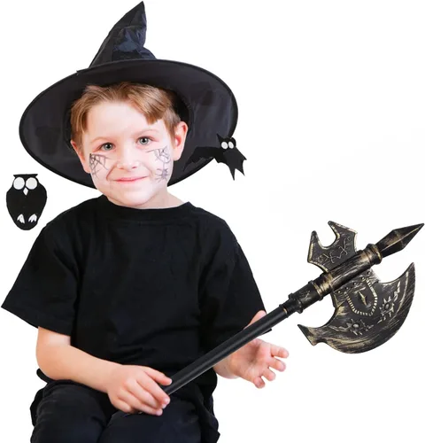 Vista 5 de Disfraz medieval vikingo de esqueleto, ejecutor de la parca de hacha, disfraz de hoja falsa, hacha de batalla, accesorios de diablo para Halloween