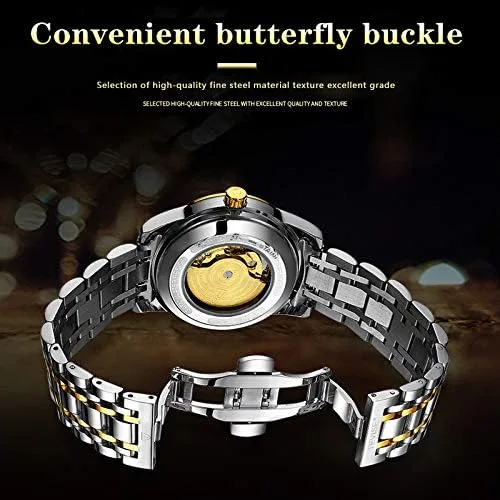 Vista 8 de Dentily Reloj mecánico de acero inoxidable para hombre, esqueleto automático, impermeable, relojes de negocios para hombres