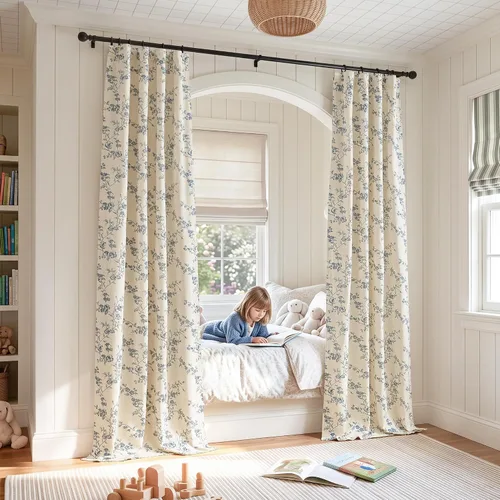 Vista 8 de jinchan Linen Blackout Curtains Blue Floral 63 Inch Back Tab 2 Panels Blue on Beige