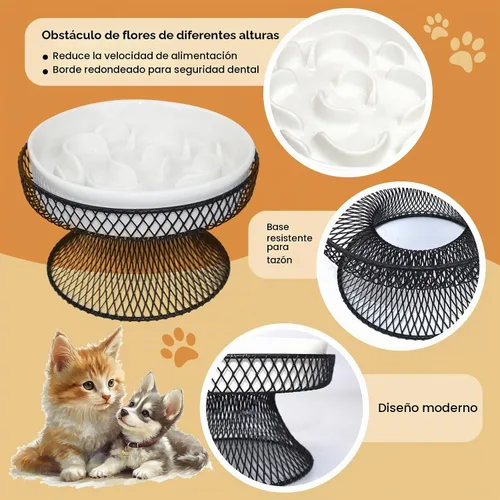Vista 3 de Tazón de alimentación lenta elevado de cerámica para gatos, plato elevado con soporte, tazón lento para comida húmeda y seca, comedero para mascotas