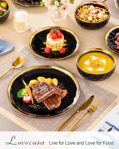 Vista 4 de LOVECASA Juego de 12 piezas de platos y cuencos, vajilla de porcelana negra y dorada, platos de cena redondos, juego de vajilla para 4 personas