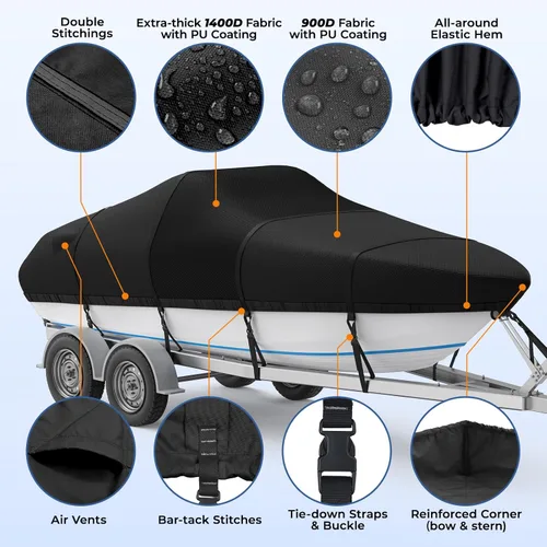 Vista 6 de RVMasking - Funda para barco, 1400D resistente reforzada en el medio, impermeable y remolcable con bolsa de almacenamiento para casco V, de tres