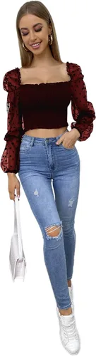 Vista 5 de Floerns Dobby - Blusa de malla con cuello cuadrado y manga larga para mujer