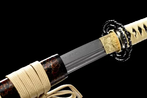 Vista 4 de Katana de acero de Damasco hecha a mano, espiga completa, afilada, auténtica, japonesa, samurái, oro negro, 41 pulgadas