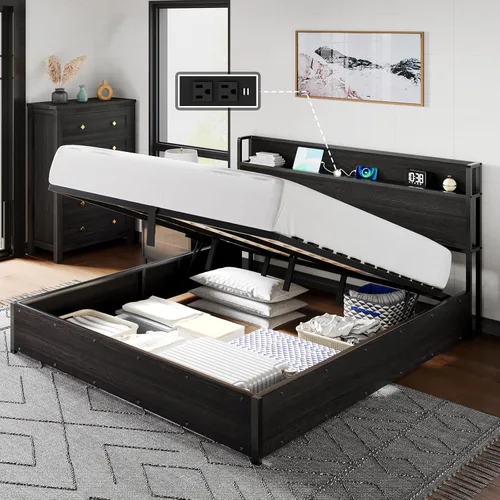 Vista 13 de AMERLIFE Marco de Cama de Almacenamiento Elevable Tamaño Completo, Marco de Cama de Plataforma de Madera con Almacenamiento Elevable y Estación