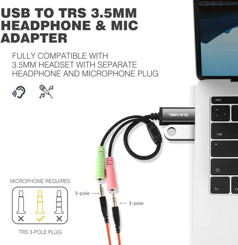 Vista 5 de DuKabel Adaptador AUX TRS USB a conector de 0.138 in para tarjeta de sonido USB integrada con enchufe separado TRS micrófonos de 3 polos