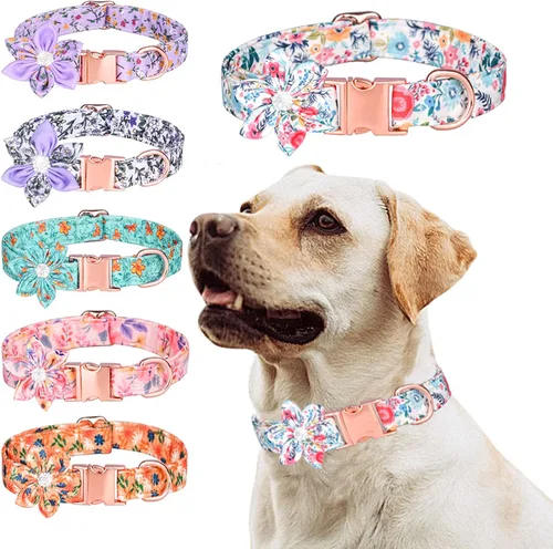Vista 2 de Collar de cachorro con patrón floral - Lindo collar de perro con flor de diamantes de imitación desmontable para perras hembras