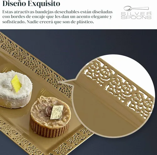 Vista 4 de Silver Spoons Bandejas de encaje desechables para bodas y cenas de lujo 6 piezas Oro 14' x 7.5' Dorado