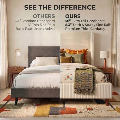 Vista 5 de WEUP Base de cama Queen con cabecera alta, marcos de cama tapizados de pana de 56 pulgadas, plataforma de marco de cama de nube con respaldo de ala