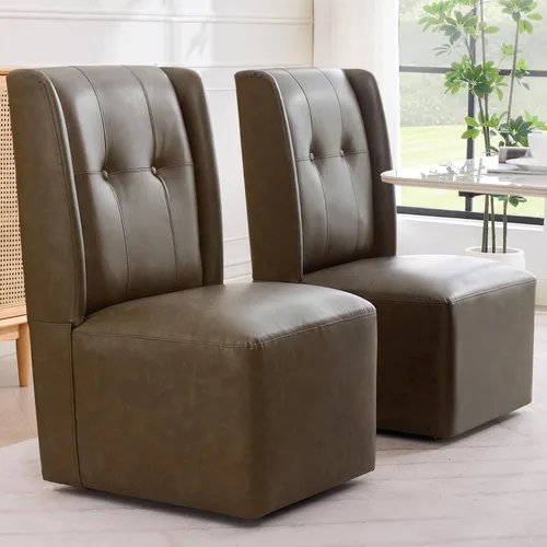 Vista 15 de Silla de comedor con ruedas, moderna silla giratoria tapizada sin brazos con ruedas para cocina, sala de estar (tela beige)