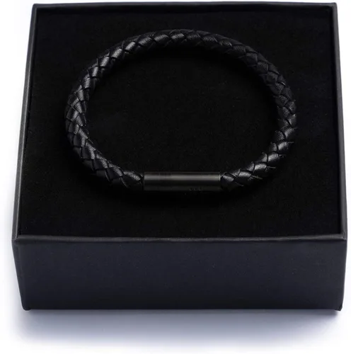 Vista 6 de Alton of Sweden Pulsera de cuero de primera calidad para hombre Pulsera de piel de becerro trenzada negra auténtica Cierre magnético fuerte Caja