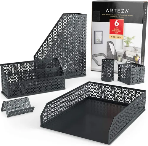 Vista 2 de ARTEZA Juego organizador de escritorio, 6 piezas, gris oscuro, incluye vaso para lápices, clasificador de cartas, bandeja, soporte para revistas