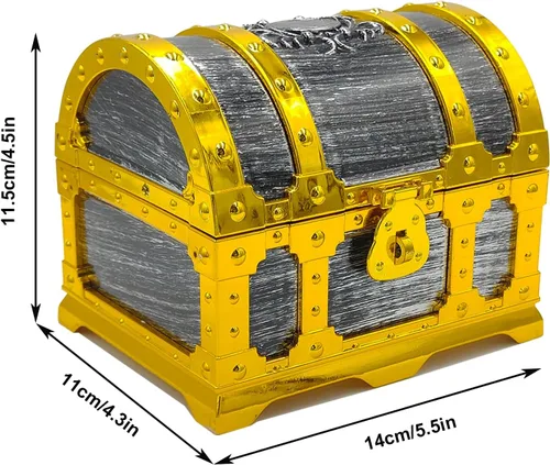 Vista 2 de Cofre del tesoro pirata para niños, caja de almacenamiento de plástico con borde dorado con cerradura y llave para juegos de caza para niños, fiesta