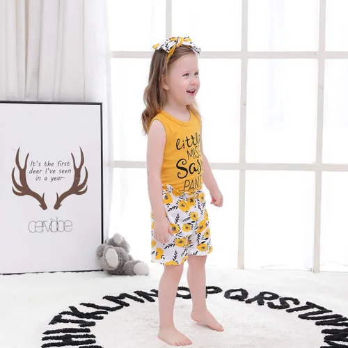 Vista 5 de PigMaMa Conjunto de ropa para bebé niña de 3 piezas, sin mangas, camiseta sin mangas, pantalón de flores, diadema