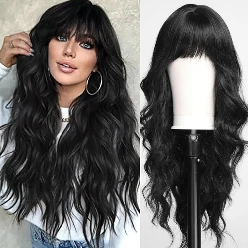 Vista 8 de HAIRCUBE Peluca de color marrón a rubio con flequillo para mujer, peluca de cabello largo ondulado marrón y rubio, pelucas sintéticas rizadas